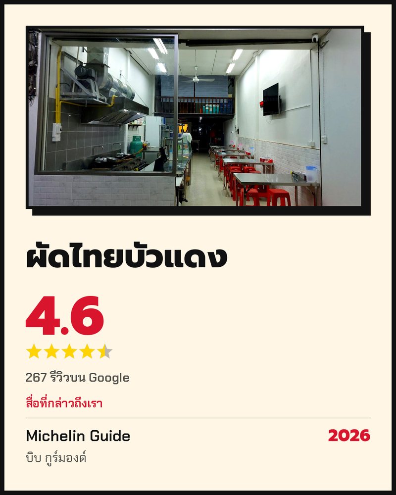 ผัดไทยบัวแดง · Google 4.6 ★ · 267 รีวิวบน Google · สื่อที่กล่าวถึงเรา: Michelin Guide 2026 บิบ กูร์มองด์